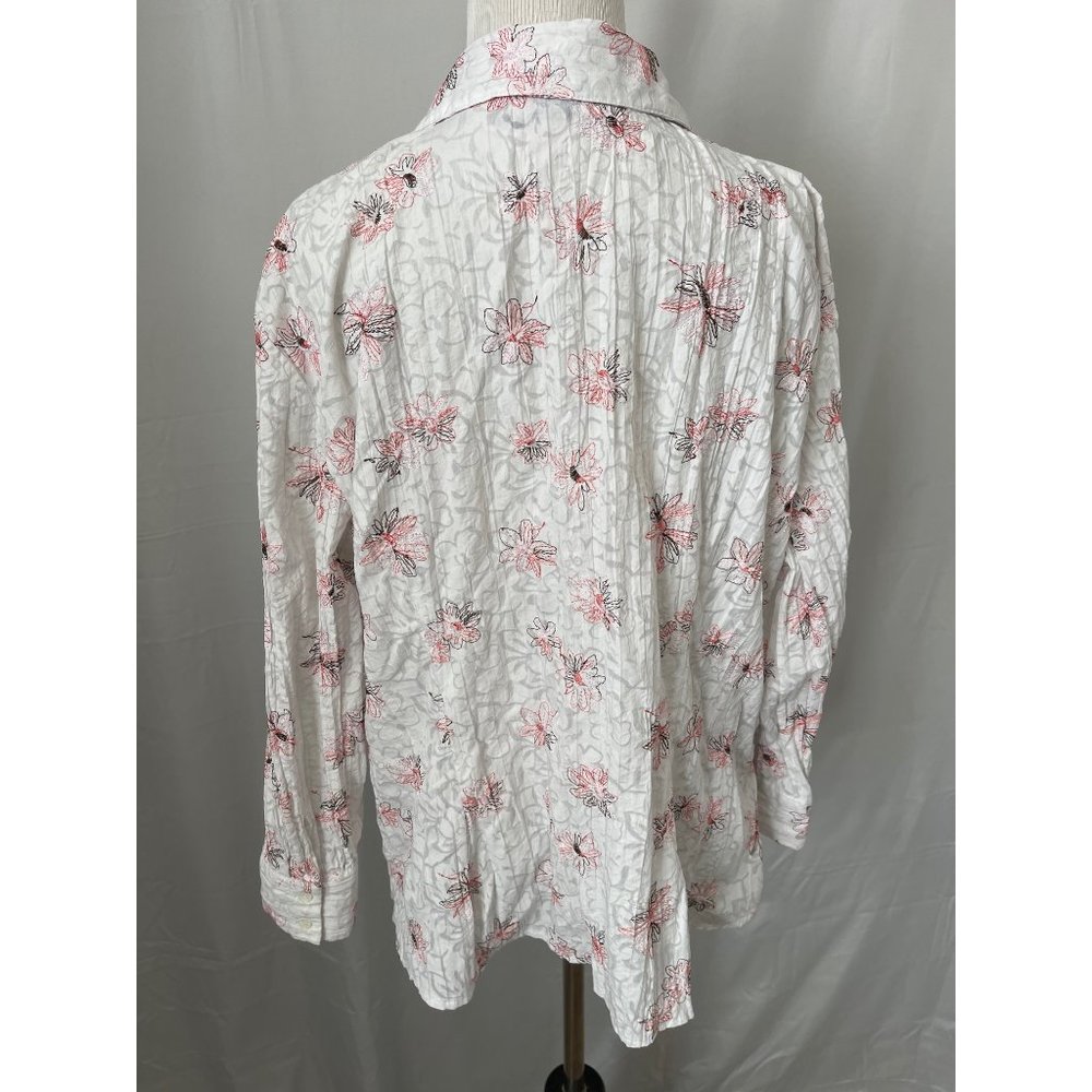 apt.9 White w/ Coral/Brown Floral Embroidered Crinkle Textured Button-up Shirt - Picture 6 of 10